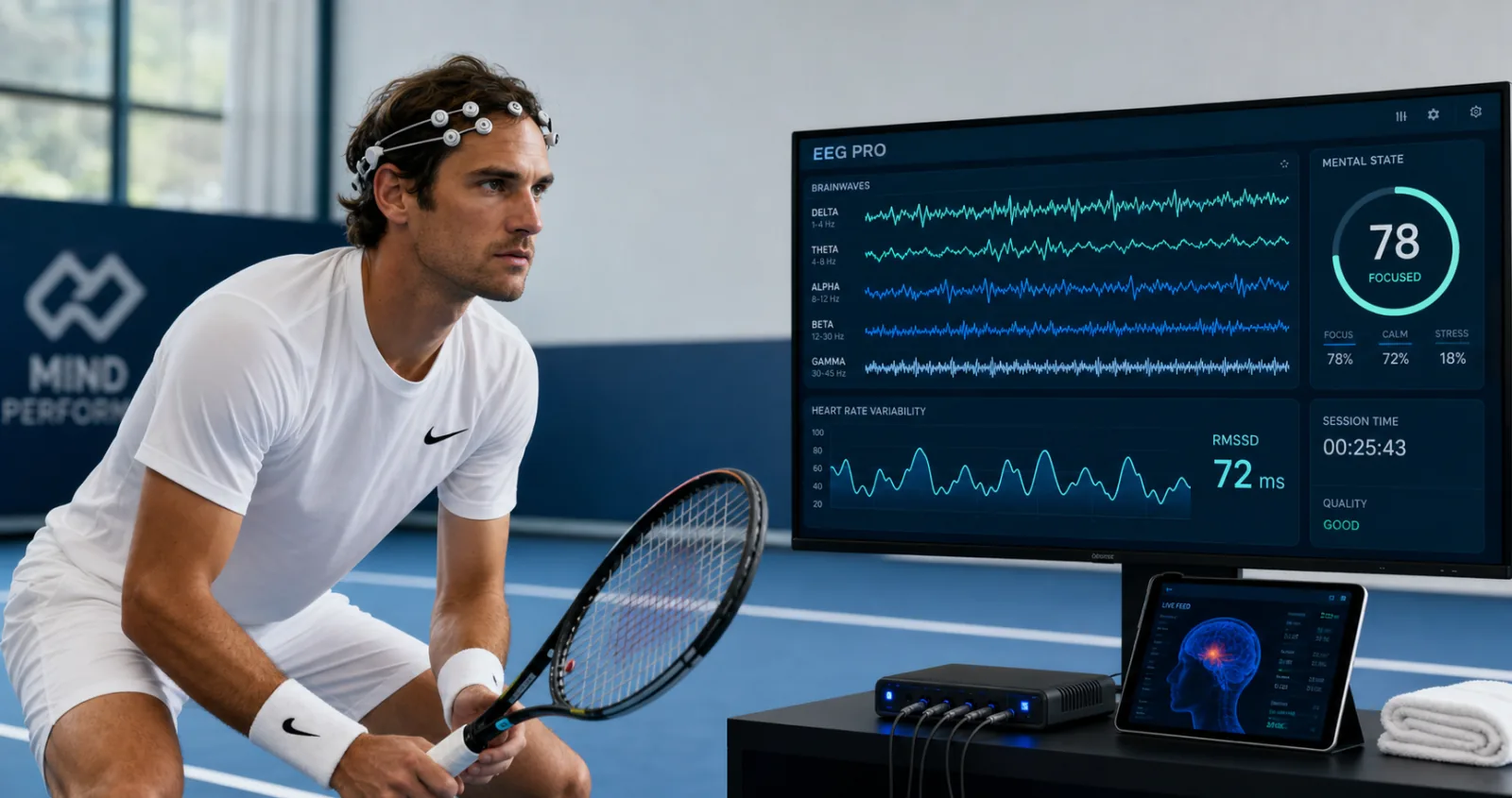 Illustration eines Tennisspielers beim Neurofeedback-Training