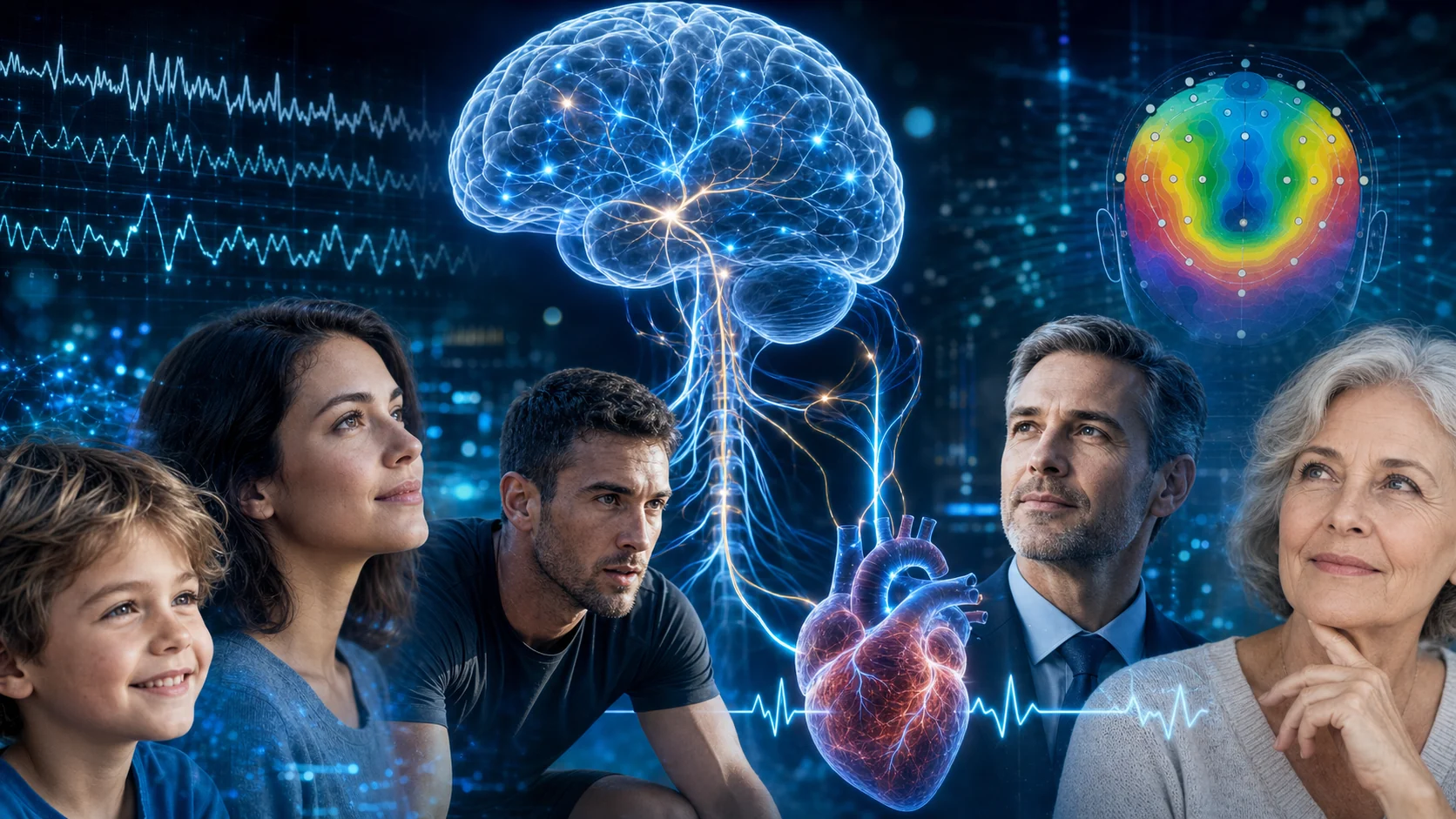 Kinder, Erwachsene und ältere Menschen vor Darstellungen von Gehirn, Herz, EEG und qEEG